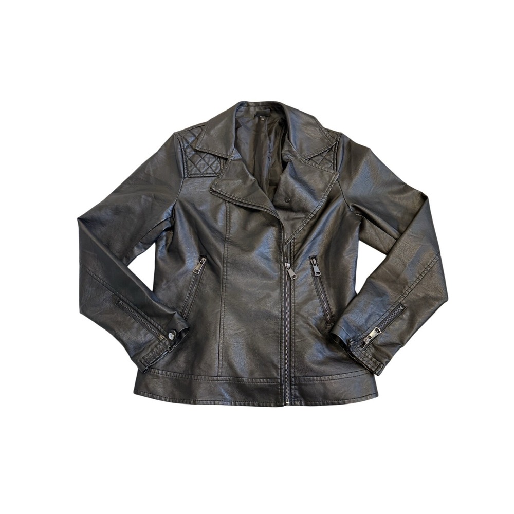 Love Token Moto Biker Faux Leather Jacket Black Womens Size Large Off Center Zip